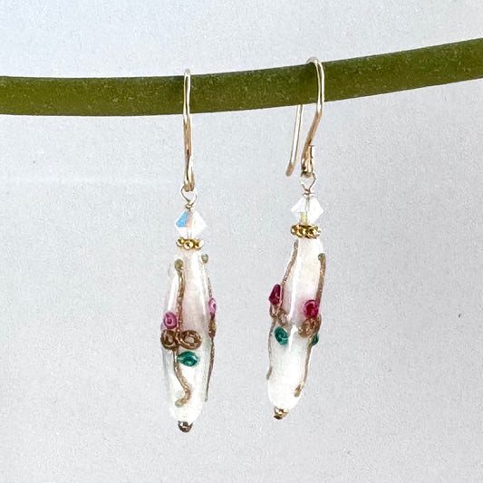 Czech Glass Opaque White Lampwork Earrings in Gold Fill