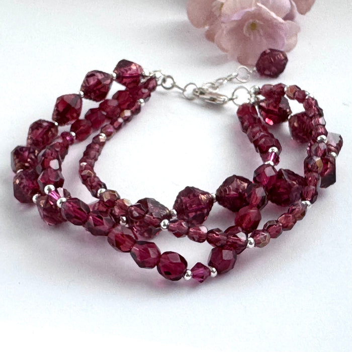 Czech Glass Multi-Strand Cabernet Bracelet in Sterling Silver