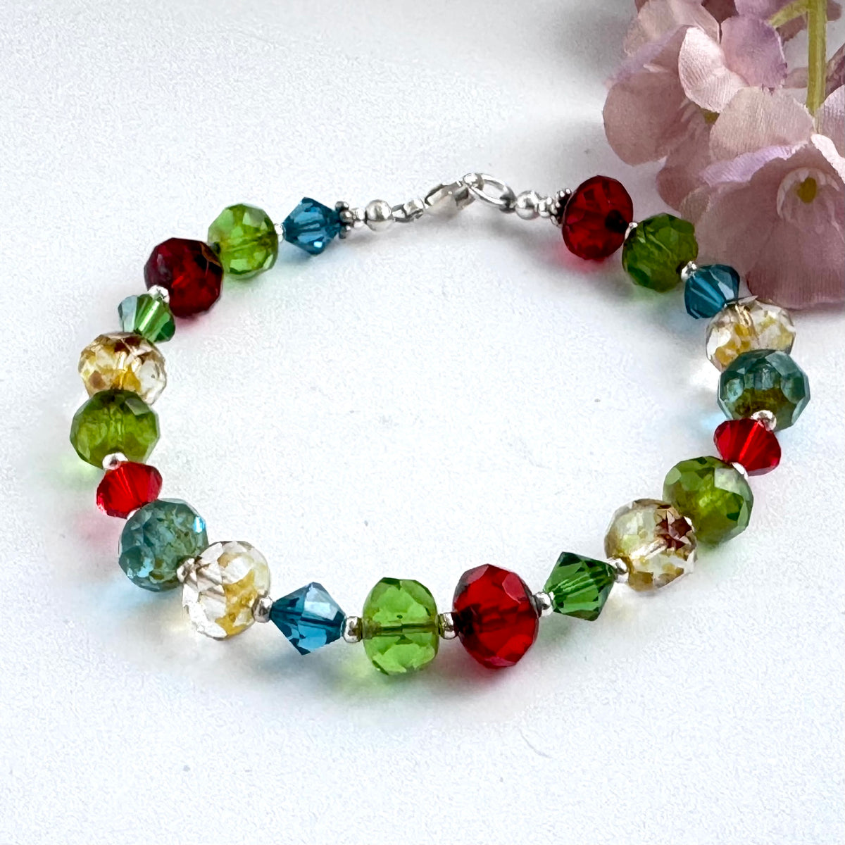 Rainbow Czech Glass and Swarovski Crystal Bracelet in Sterling Silver