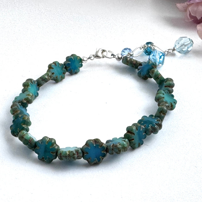 Czech Glass Sea Green Cactus Flower Bracelet in Sterling Silver