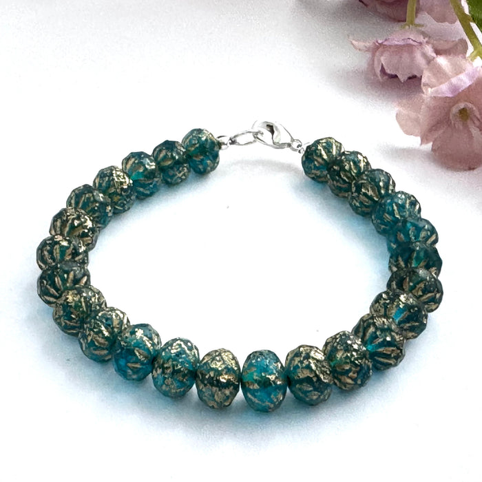 Czech Glass Teal and Gold Bracelet in Sterling Silver