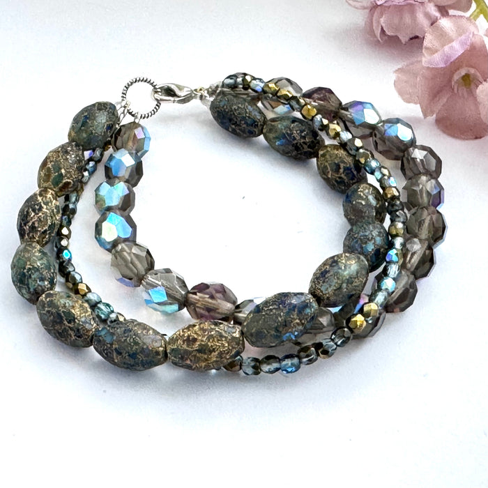 Czech Glass Multi-Strand Bracelet of Sapphire Blue, Gray and Bronze in Sterling Silver