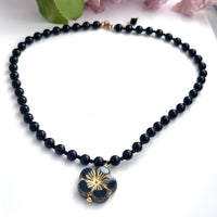 Large Black Czech Glass Hibiscus Necklace with Swarovski Crystal Pearls