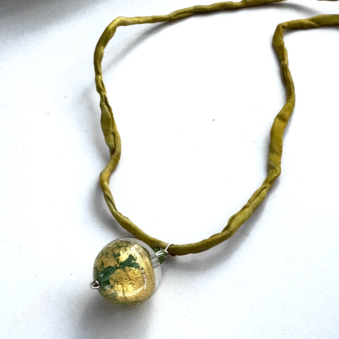 Czech Green Glass and Gold Foil Drop Necklace on Silk Cord