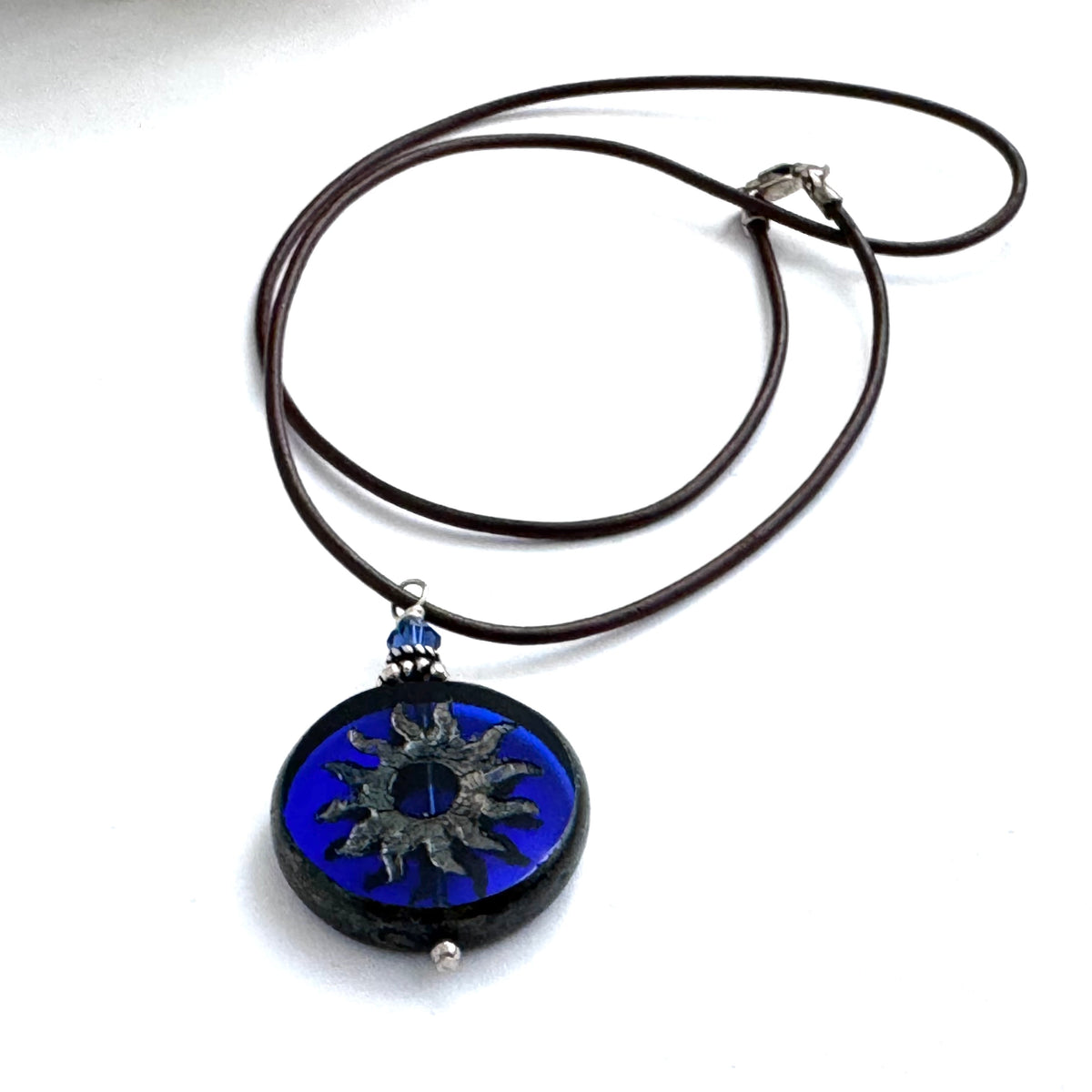 Czech Glass Bright Blue Sun Bohemian Drop Necklace on Leather Cord