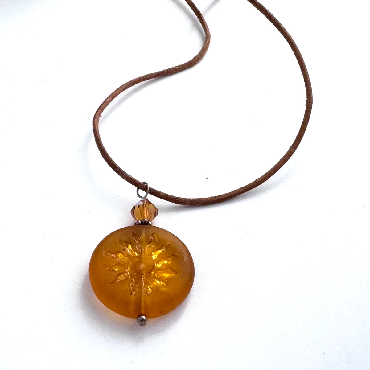 Czech Glass Orange Sun Bohemian Drop Necklace on Leather Cord