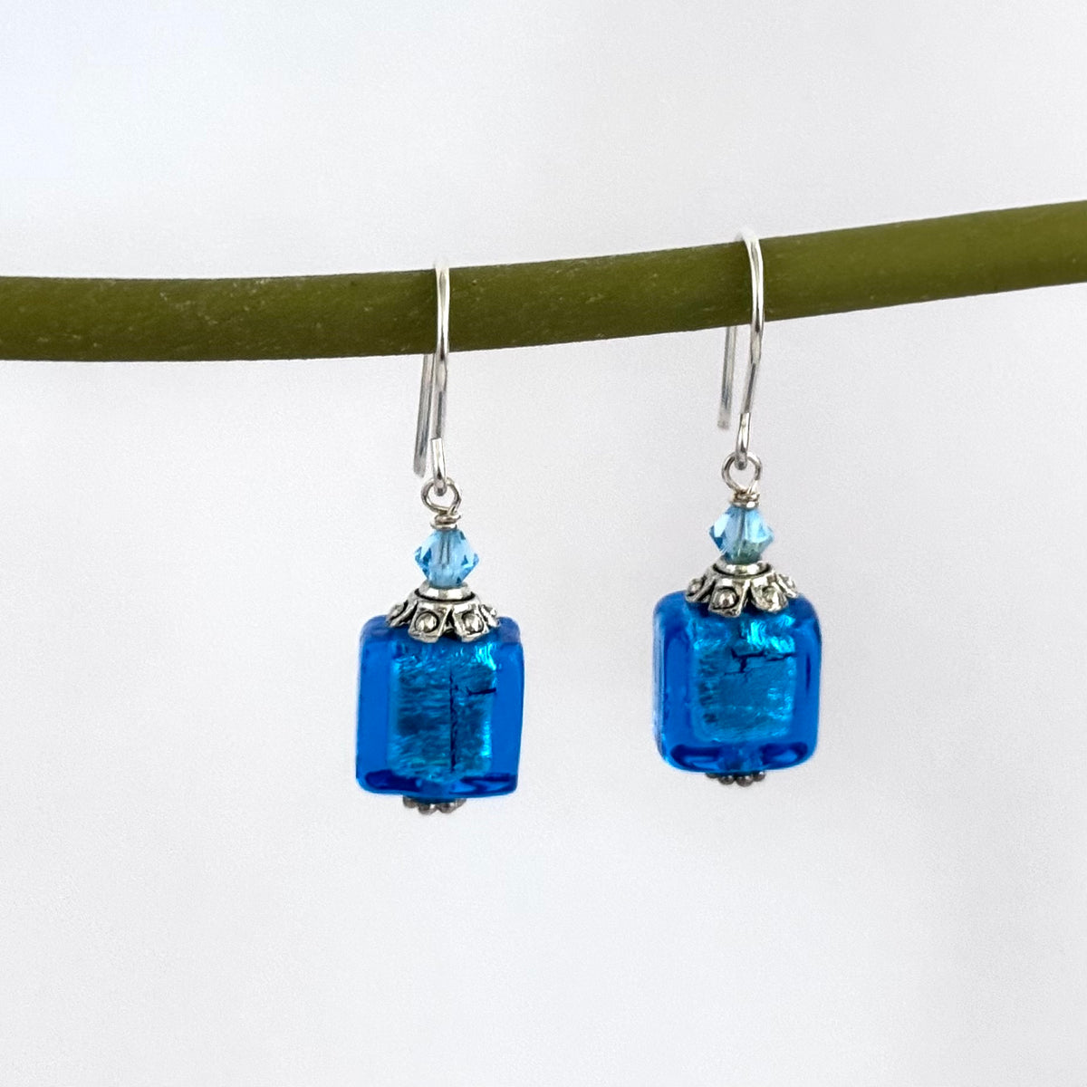 Murano Glass Bright Blue Cube Earrings in Sterling Silver