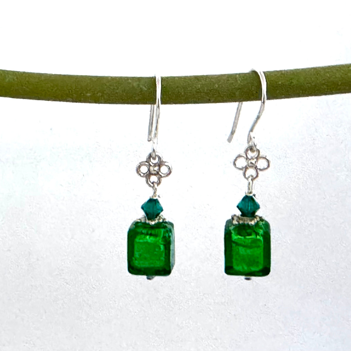 Murano Glass Cube Green Earrings in Sterling Silver