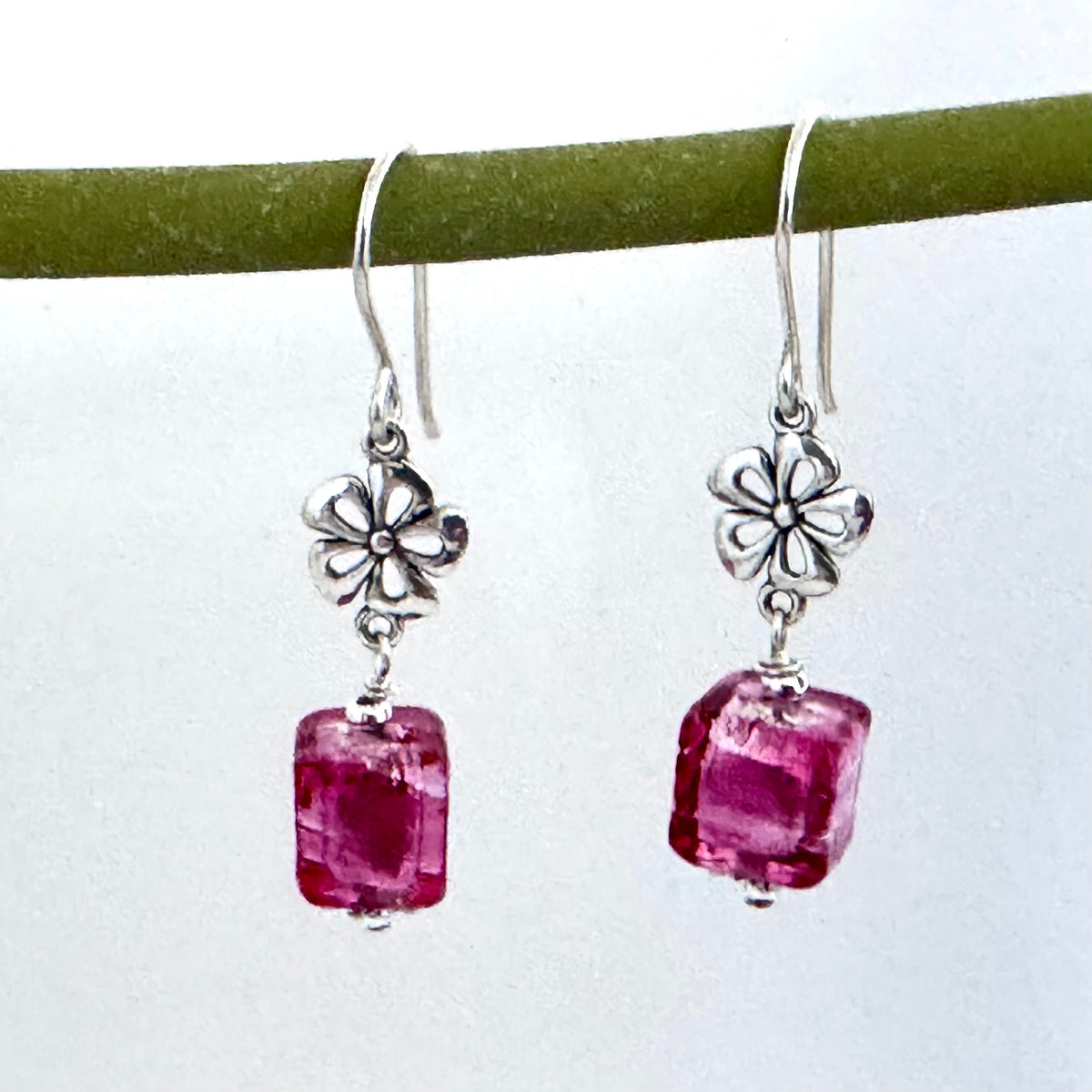 Pink Murano Glass Cube Earrings in Sterling Silver