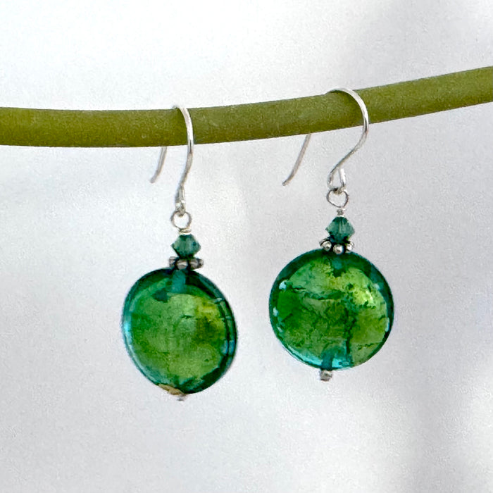 Murano Glass Dark Green Puffed Coin Earrings in Sterling Silver