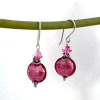 Pink Murano Glass Coin Earrings in Sterling Silver