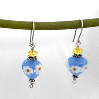 Blue and Yellow Heart Shape Murano Glass Earrings with Swarovski Crystals in Sterling Silver