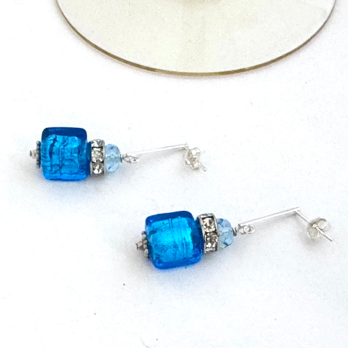 Murano Glass Bright Blue Cube Earrings in Sterling Silver