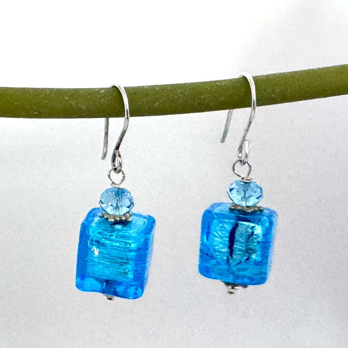 Murano Glass Bright Blue Cube Earrings in Sterling Silver