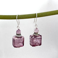 Murano Glass Lavender Square Earrings in Sterling Silver