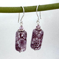 Murano Millefiori Mauve and White Glass Tube Earrings in Sterling Silver