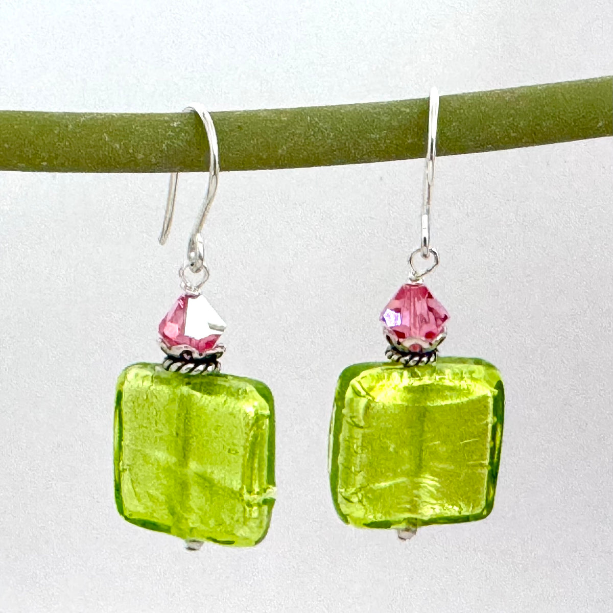 Murano Glass Light Green Square Earrings in Sterling Silver