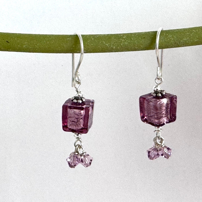 Murano Glass Cube Lavender Earrings in Sterling Silver