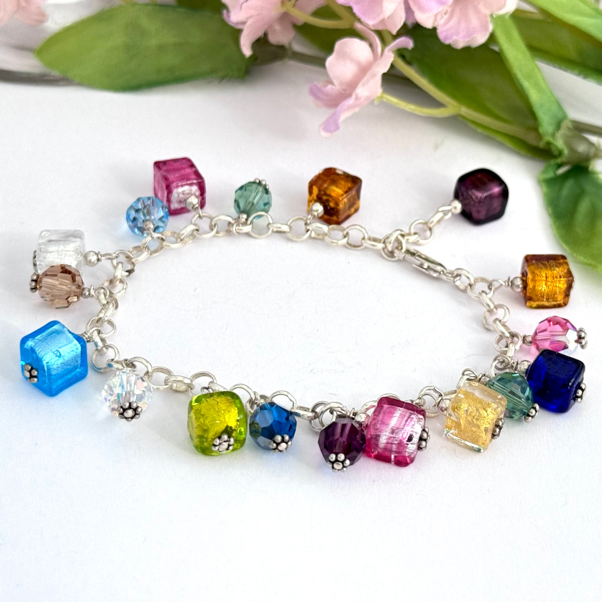 Venetian Foil Cube and Swarovski Crystal Charm Bracelet in Sterling Silver