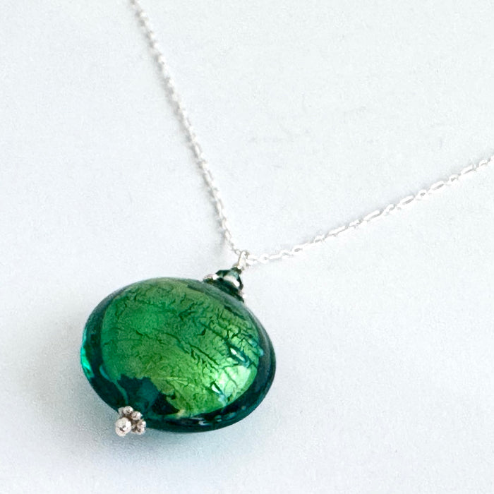 Murano Glass Green Disc Shape in Sterling Silver