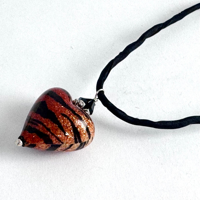 Murano Glass "Puffy" Tiger Stripe Heart on Silk Cord