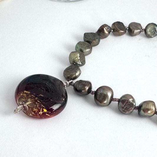 Green Murano Glass and Pearl Necklace in Sterling Silver