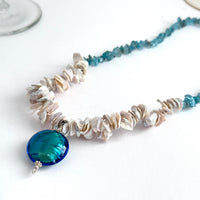 Teal Murano Glass and Pearl Necklace in Sterling Silver