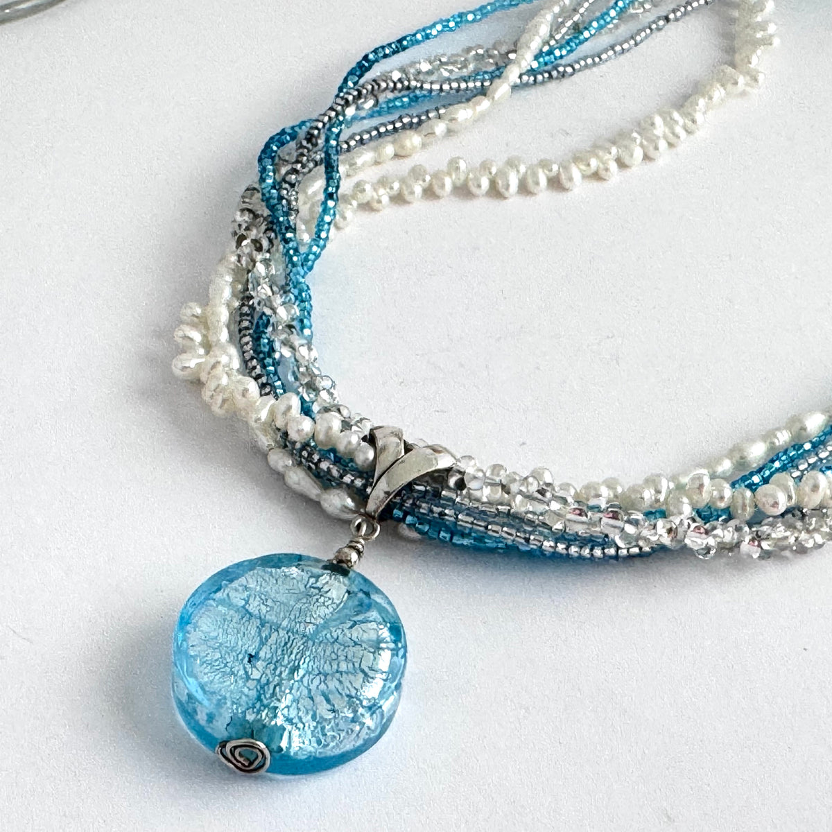 Multi-Strand Caribbean Blue Murano Glass Pendant in Sterling Silver