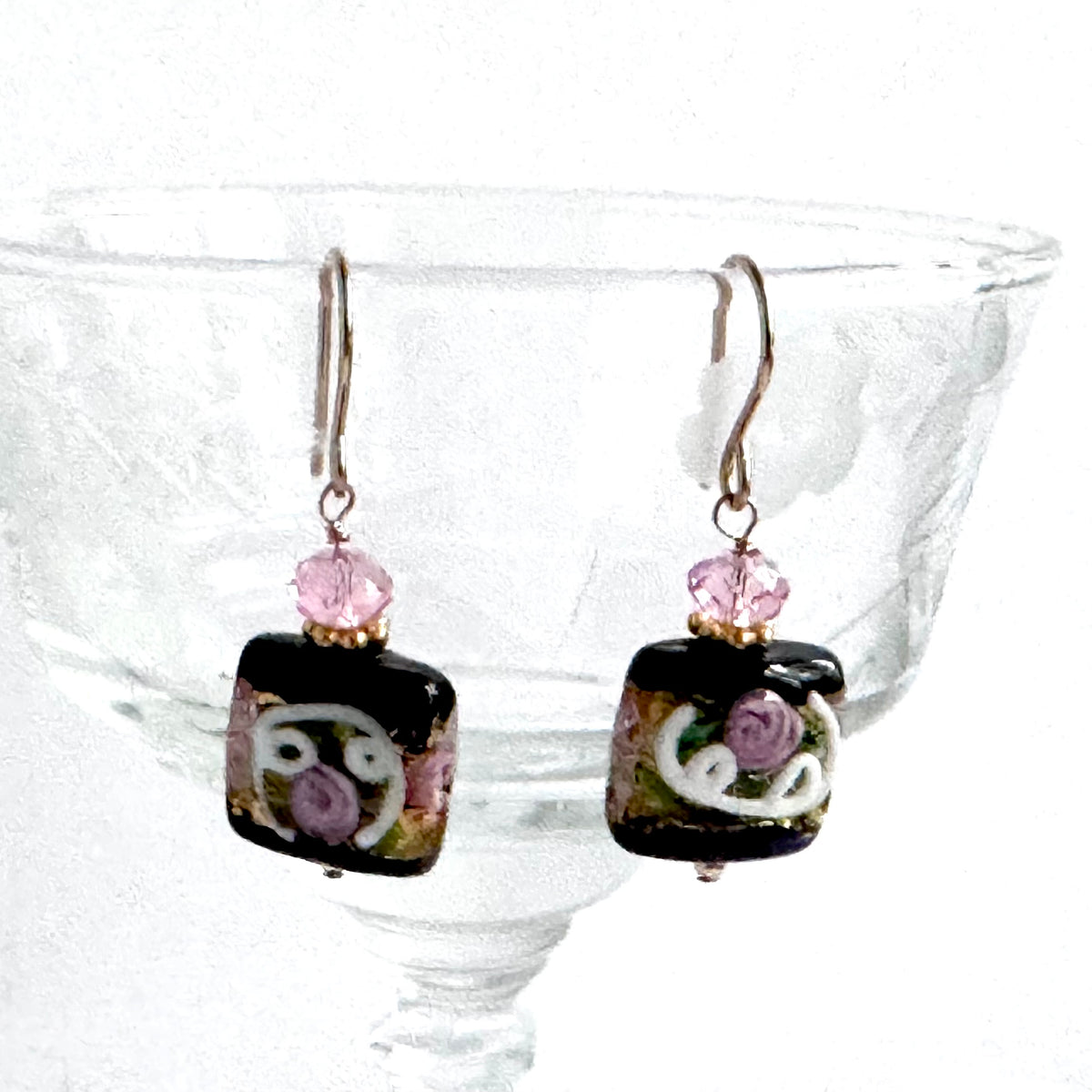 Square Black Murano Glass, Venetian Foil Earrings in 14K Gold Fill