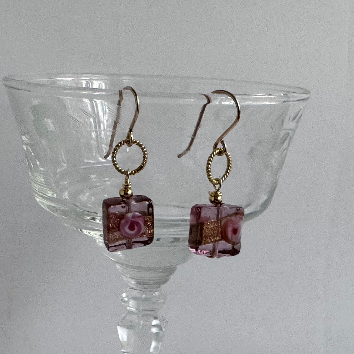 Square Copper and Pink Venetian Glass Earrings in 14K Gold Fill