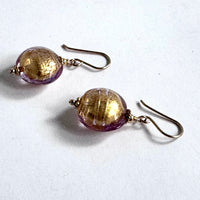 Murano Glass Gold Lavender Disc Earrings in 14K Gold Fill