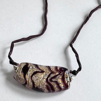 Murano Glass Plum, Gold and White Pendant on Silk Cord