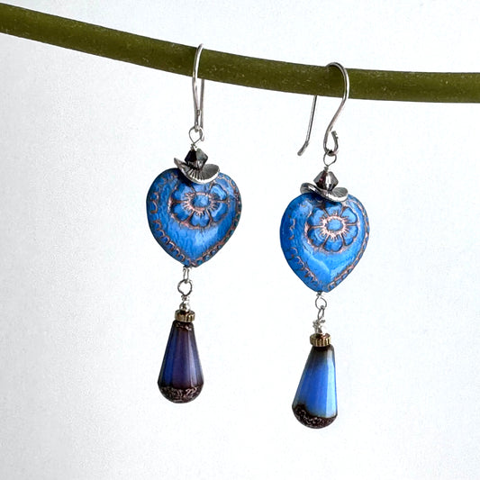Czech Glass Indigo Blue Heart Drop Earrings in Sterling Silver