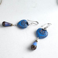 Czech Glass Indigo Blue Heart Drop Earrings in Sterling Silver