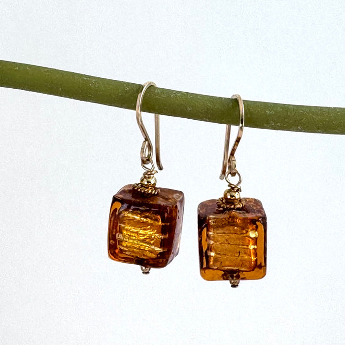 Murano Glass Large Gold Cube Earrings in 14K Gold Fill