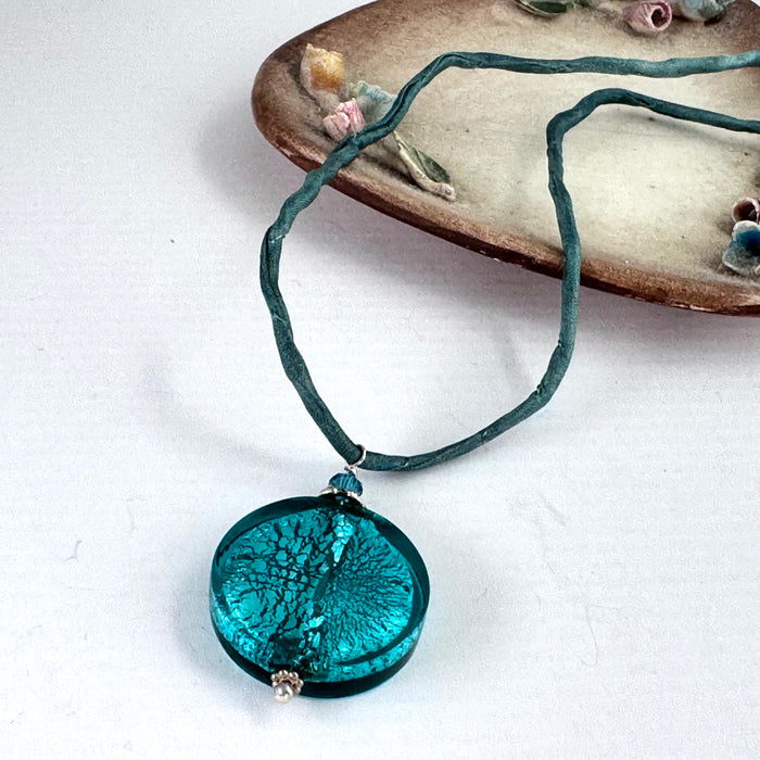 Murano Glass Teal Large Coin Shape on Silk Cord