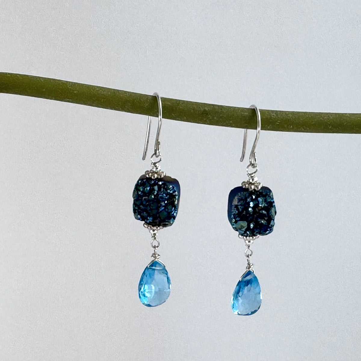 Bright Blue Druzy Quartz and Swiss Blue Topaz Earrings in Sterling Silver