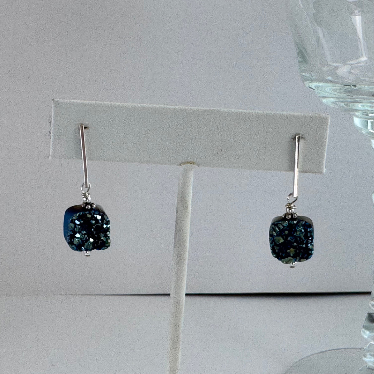 Bright Blue Druzy Quartz Earrings in Sterling Silver