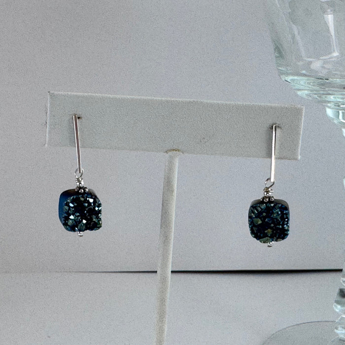 Bright Blue Druzy Quartz Earrings in Sterling Silver