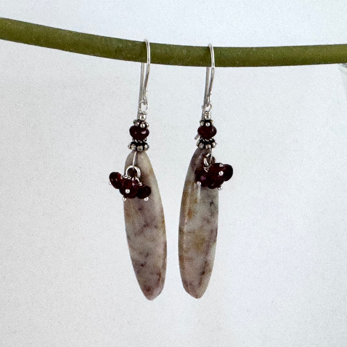 Long Light Copper Composite Jasper and Garnet Earrings in Sterling Silver