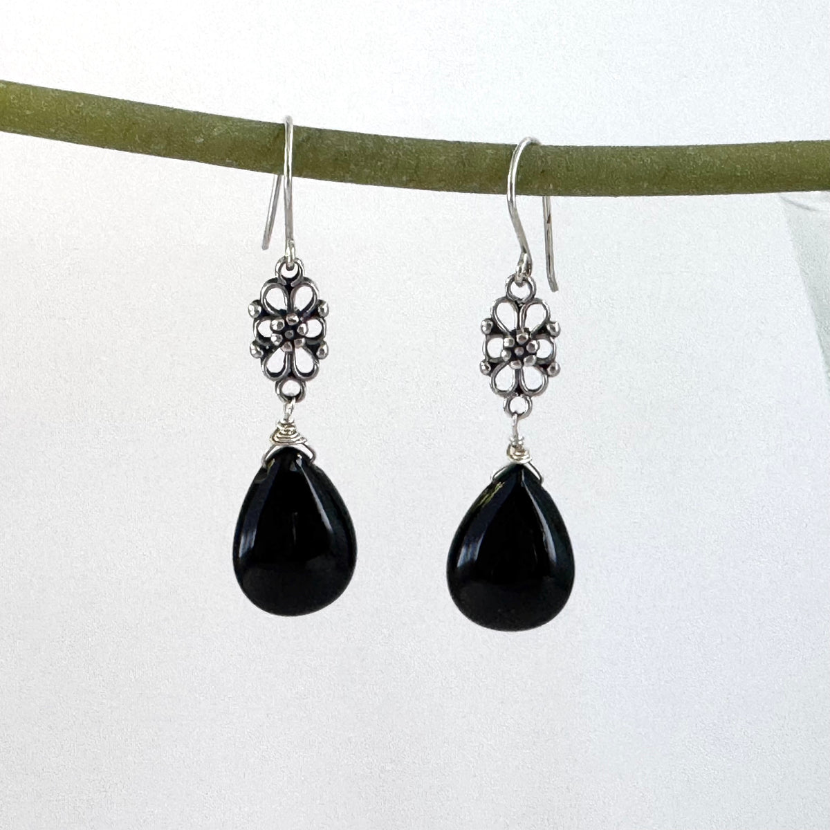 Black Agate Dangle Earrings in Sterling Silver