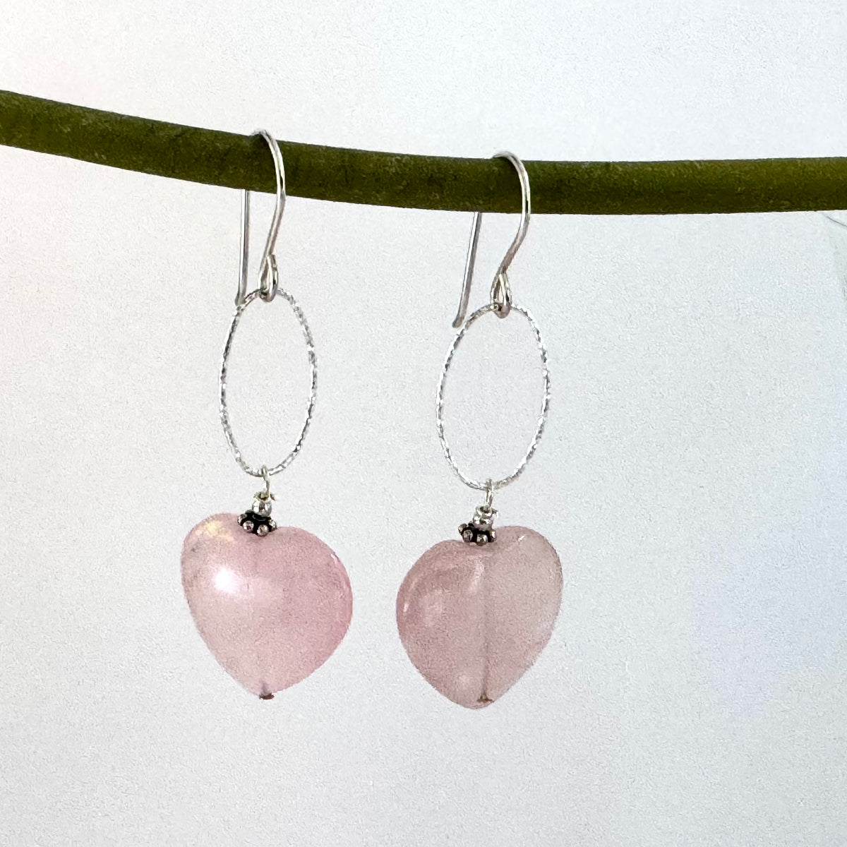 Rose Quartz Heart-Shaped Dangle Earrings in Sterling Silver