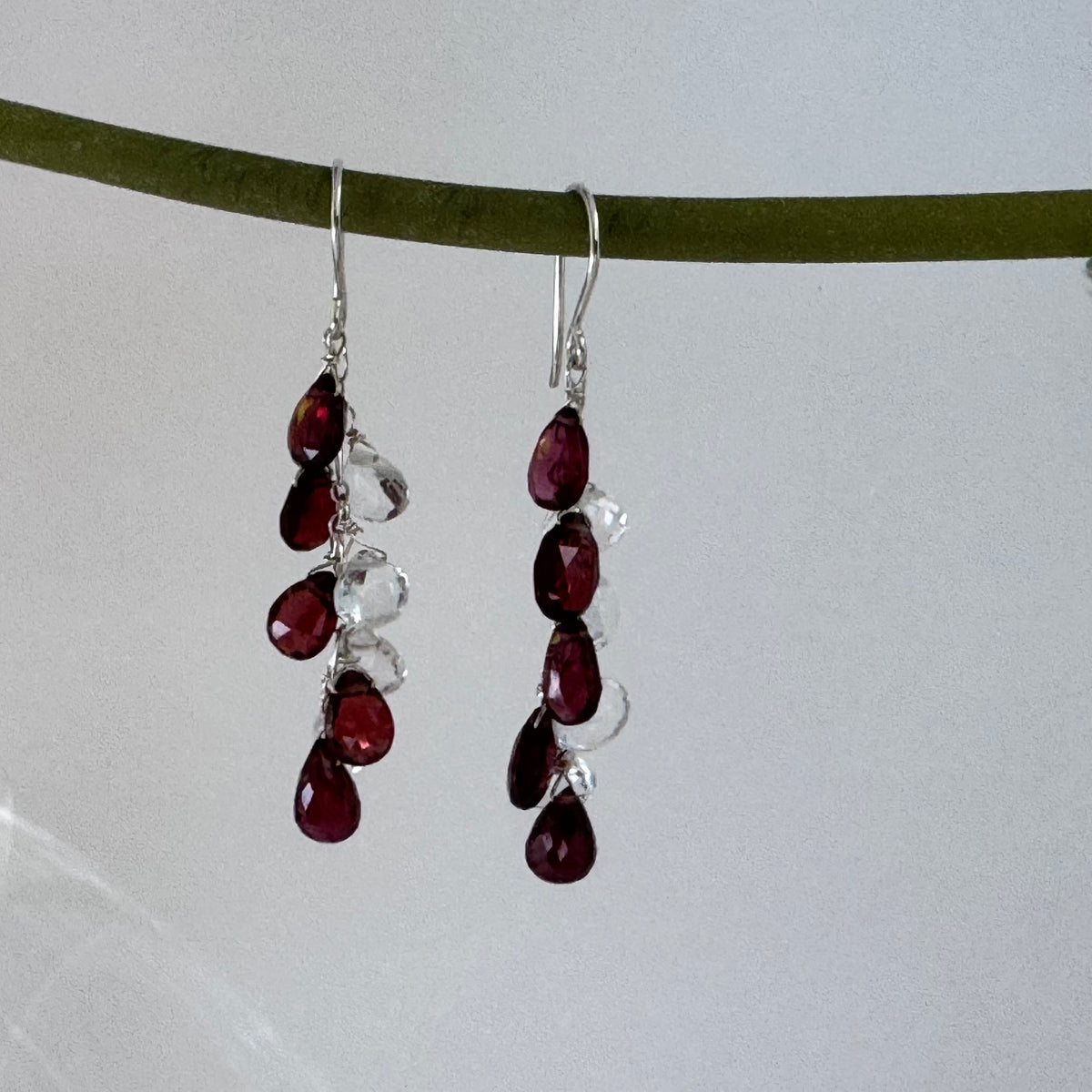 Garnet and White Topaz Briollet Dangle Earrings in Sterling Silver