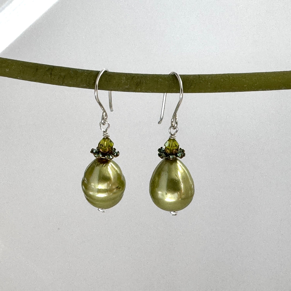 Shell "Pearl" Green Teardrop and Swarovski Crystal Drop Earrings in Sterling Silver