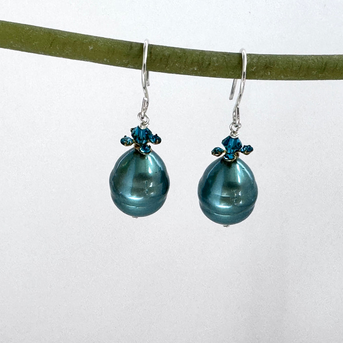 Shell "Pearl" Teal Teardrop and Swarovski Crystal Drop Earrings in Sterling Silver