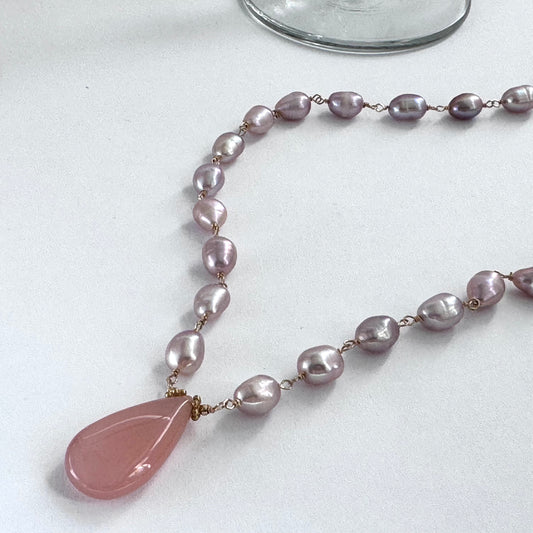 Pink Chalcedony and Mauve Freshwater Pearl Necklace in 14K Gold Fill