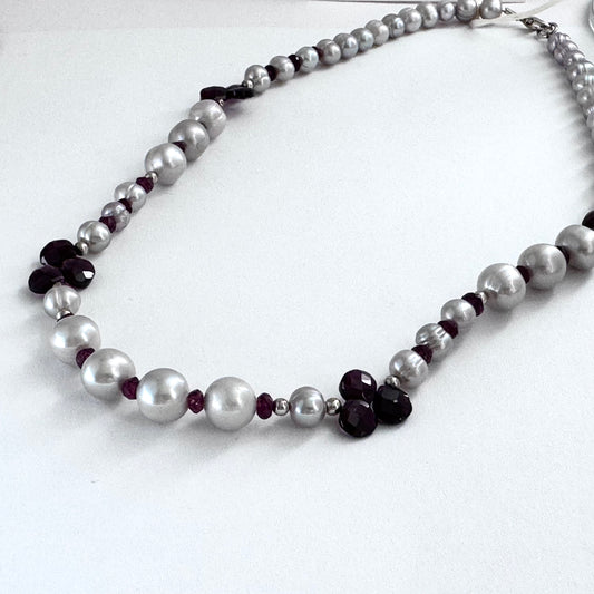 Gray Freshwater Pearl and Garnet Necklace in Sterling Silver