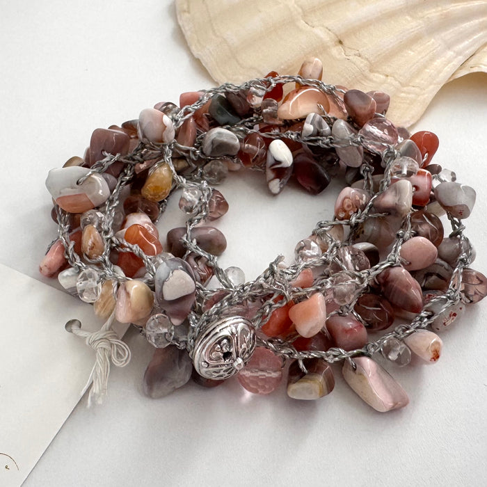 Botswana Agate and Cherry Quartz Crochet Bracelet