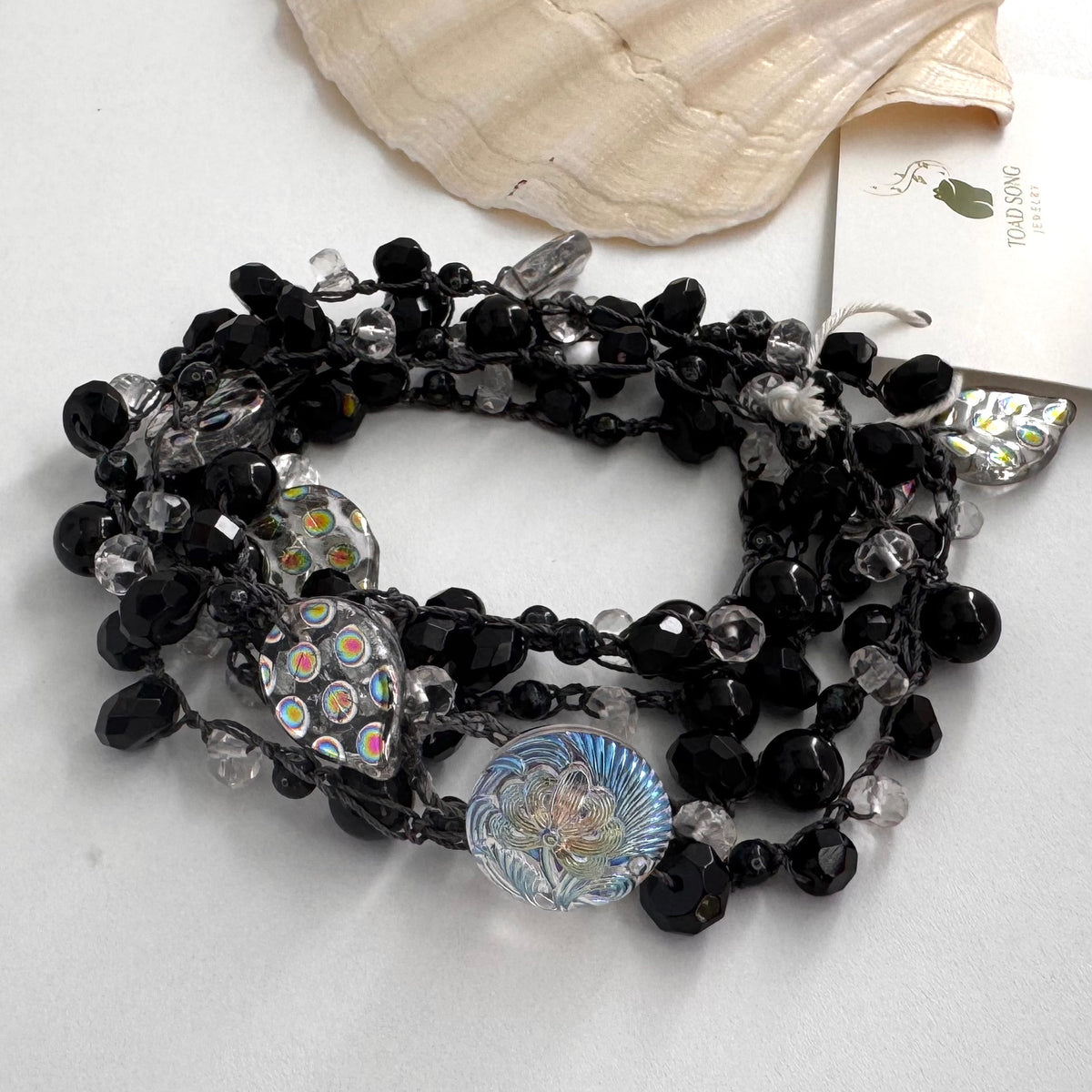 Black Tourmaline and Crystal Quartz Crochet Necklace