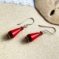 Czech Glass Crimson Faceted Dangle Drop Earrings